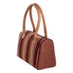 Leather-accented cotton handbag, 'Striped Realm' - Leather-Accented Warm-Toned Striped Cotton Handbag