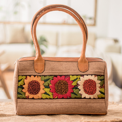 Leather-accented embroidered cotton handbag, 'Floral Realm' - Leather-Accented Floral Embroidered Cotton Handbag in Brown