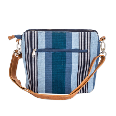 Leather-accented cotton sling bag, 'Oceanic Shadows' - Blue-Toned Striped Cotton Sling Bag with a Leather Strap