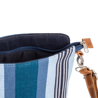 Leather-accented cotton sling bag, 'Oceanic Shadows' - Blue-Toned Striped Cotton Sling Bag with a Leather Strap
