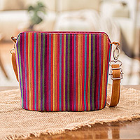 Leather-accented cotton sling bag, 'Harmonious Shadows' - Multicolor Striped Cotton Sling Bag with a Leather Strap