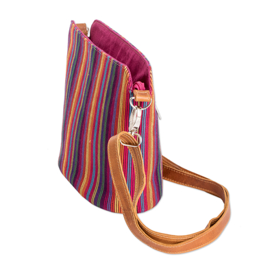 Leather-accented cotton sling bag, 'Harmonious Shadows' - Multicolor Striped Cotton Sling Bag with a Leather Strap