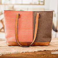 Leather-accented cotton shoulder bag, 'Salmon Diversity' - Leather-Accented Cotton Shoulder Bag in Salmon and Taupe
