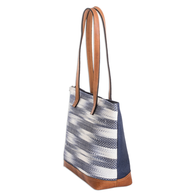 Leather-accented cotton tote bag, 'Colors of Tradition' - Handwoven Cotton Tote Bag with Leather Bottom Panel & Straps