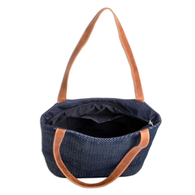 Leather-accented cotton shoulder bag, 'Mysterious Stories' - Navy and Ivory Cotton Shoulder Bag with Leather Straps