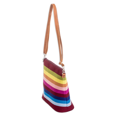 Leather-accented cotton shoulder bag, 'Silhouettes of colour' - Handwoven Striped Cotton Shoulder Bag with Leather Straps