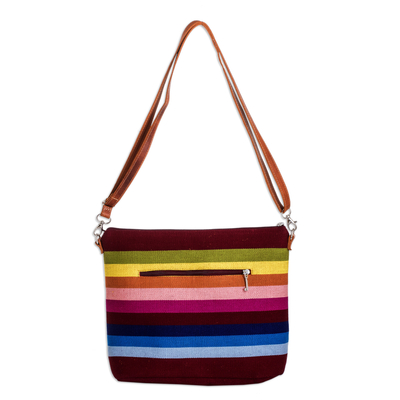 Leather-accented cotton shoulder bag, 'Silhouettes of colour' - Handwoven Striped Cotton Shoulder Bag with Leather Straps