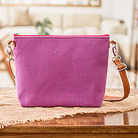 Bolso bandolera de algodón con detalles de cuero - Bolso bandolera de algodón rosa tejido a mano con correas de cuero