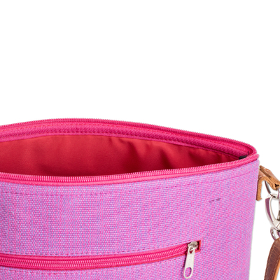 Leather-accented cotton sling bag, 'Silhouettes of Pink' - Handwoven Pink Cotton Sling Bag with Leather Straps