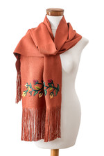Embroidered Cotton shawl, 'Kind Russet' - Floral Embroidered Russet Cotton Shawl with Fringes