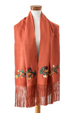Embroidered Cotton shawl, 'Kind Russet' - Floral Embroidered Russet Cotton Shawl with Fringes
