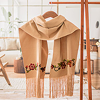 Cotton shawl, 'Kind Beige' - Floral Embroidered Beige Cotton Shawl with Fringes