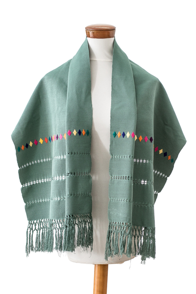 Cotton shawl, 'Jade Festival' - Handwoven Striped Jade Cotton Shawl with Fringes