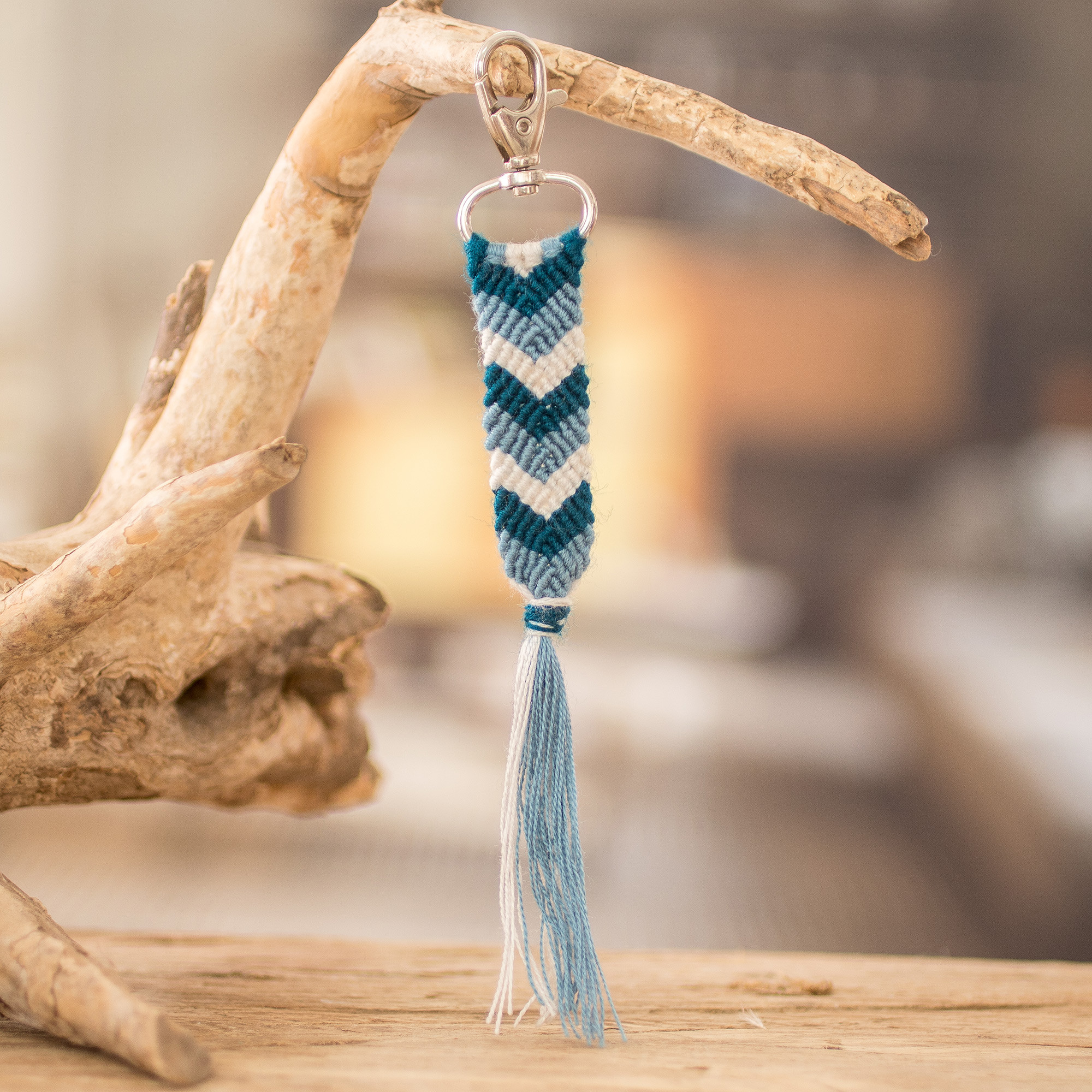 Blue White Macrame Keychain Bag Charm with Chevron Motif Silhouettes in the Sea NOVICA