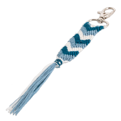 Macrame keychain and bag charm, 'Silhouettes in the Sea' - Blue & White Macrame Keychain & Bag Charm with Chevron Motif