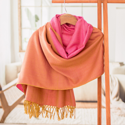 Cotton shawl, 'Evening Shades' - Handloomed Orange and Pink Cotton Shawl with Fringes
