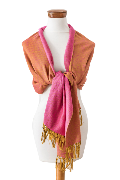 Chal de algodón - Mantón de algodón naranja y rosa con flecos hecho a mano