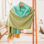 Cotton shawl, 'Lagoon Shades' - Handloomed Green and Turquoise Cotton Shawl with Fringes