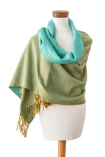Cotton shawl, 'Lagoon Shades' - Handloomed Green and Turquoise Cotton Shawl with Fringes