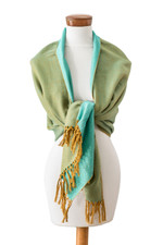 Cotton shawl, 'Lagoon Shades' - Handloomed Green and Turquoise Cotton Shawl with Fringes