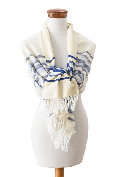 Cotton shawl, 'Magical Aurora' - Handloomed Ivory Cotton Shawl with Blue Stripes and Fringes