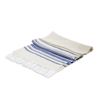 Chal de algodón - Mantón de algodón marfil tejido a mano con rayas azules y flecos