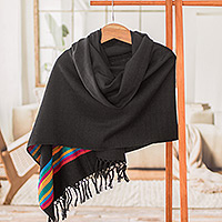 Cotton shawl, 'Festive Twilight' - Handloomed Black Cotton Shawl with colourful Stripes