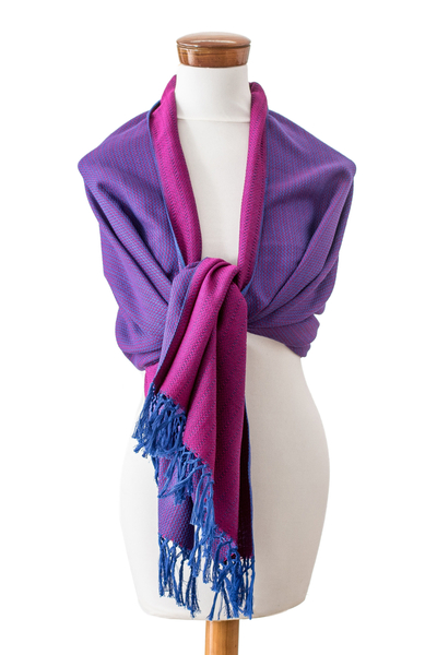 Cotton shawl, 'Oneiric Shades' - Handloomed Purple and Pink Cotton Shawl with Fringes