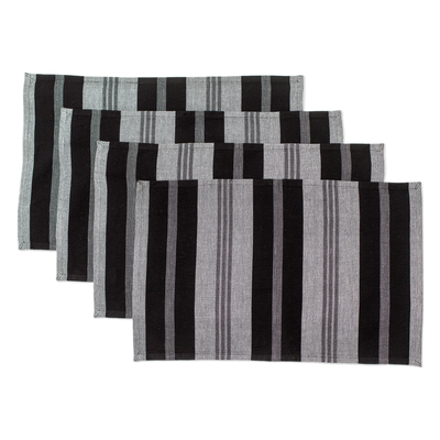 Manteles individuales de algodón, (juego de 4) - Juego de 4 manteles individuales de algodón a rayas grises y negros hechos a mano