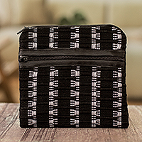 Cotton coin purse, 'Discreet & Mysterious' - Handwoven Striped Black and White Cotton Coin Purse