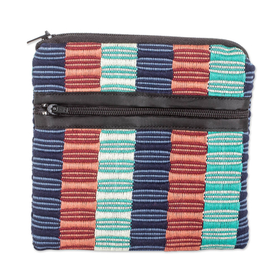 Cotton coin purse, 'Discreet & Magical' - Woven Striped Turquoise, Blue and Brown Cotton Coin Purse