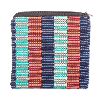 Cotton coin purse, 'Discreet & Magical' - Woven Striped Turquoise, Blue and Brown Cotton Coin Purse