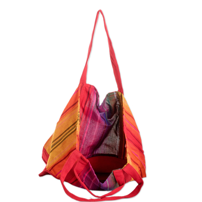 Baumwoll-Einkaufstasche - Handgewebte gestreifte Einkaufstasche aus roter Baumwolle aus Guatemala