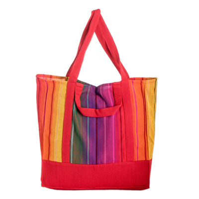 Cotton tote bag, 'Spring Illusion' - Handwoven Striped Red-Toned Cotton Tote Bag from Guatemala