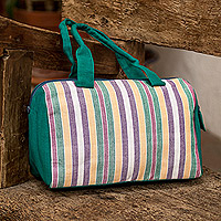 Baumwollhandtasche, 'Viridian Joy' – Handgewebte gestreifte Viridian-Baumwollhandtasche mit Reißverschluss