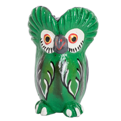 Ceramic figurine, 'Wise Tecolote' - Ceramic Owl Figurine in Green Hand-Painted in Guatemala