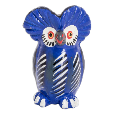 Ceramic figurine, 'Delightful Tecolote' - Ceramic Owl Figurine in Blue Hand-Painted in Guatemala