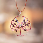 Rose quartz and garnet pendant necklace, 'Mighty Tree' - Rose Quartz and Garnet Beaded Tree of Life Pendant Necklace