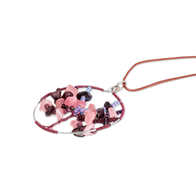 Rose quartz and garnet pendant necklace, 'Mighty Tree' - Rose Quartz and Garnet Beaded Tree of Life Pendant Necklace