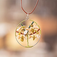 Jasper and jade pendant necklace, 'Splendid Tree' - Handmade Jasper & Jade Beaded Tree of Life Pendant Necklace