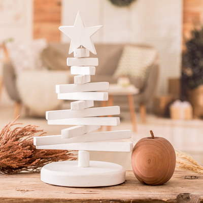 Wood holiday decor, 'Love & Peace' - Minimalist White Teak Wood Christmas Tree Holiday Decor