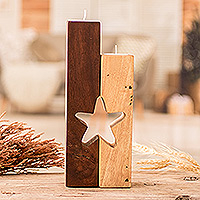 Teelichthalter aus Holz, „Star of Unity“ (2er-Set) – Set aus 2 Teelichthaltern aus Holz mit Sternenmotiv