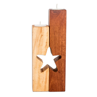 Wood tealight candleholder, 'Star of Unity' (set of 2) - Set of 2 Star-Themed Wood Tealight Candleholders
