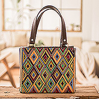 Faux leather-accented cotton handbag, 'Cultural Goddess'