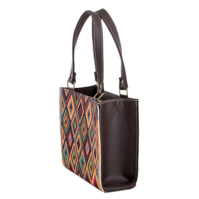 Faux leather-accented cotton handbag, 'Cultural Goddess' - Faux Leather-Accented Diamond-Patterned Cotton Handbag