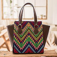 Faux leather-accented cotton handbag, 'colours of My Home' - Faux Leather-Accented Chevron-Patterned Cotton Handbag