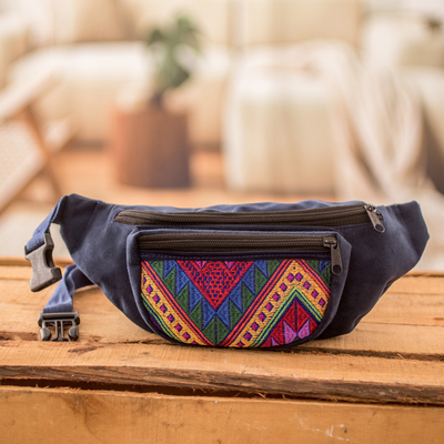 Cotton belt bag, 'colours of Guatemala' - Geometric Blue Cotton Belt Bag with Adjustable Strap