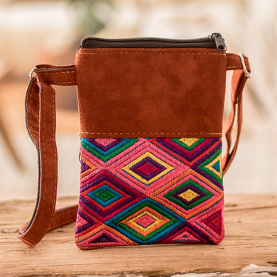 Cotton sling bag, 'Details From my Homeland' - Geometric Patterned Embroidered Cotton Sling Bag in Brown