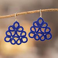 Hand-tatted dangle earrings, 'Floral Essence in Blue'