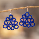 Hand-tatted dangle earrings, 'Floral Essence in Blue' - Hand-Tatted Blue Dangle Earrings with Sterling Silver Hooks